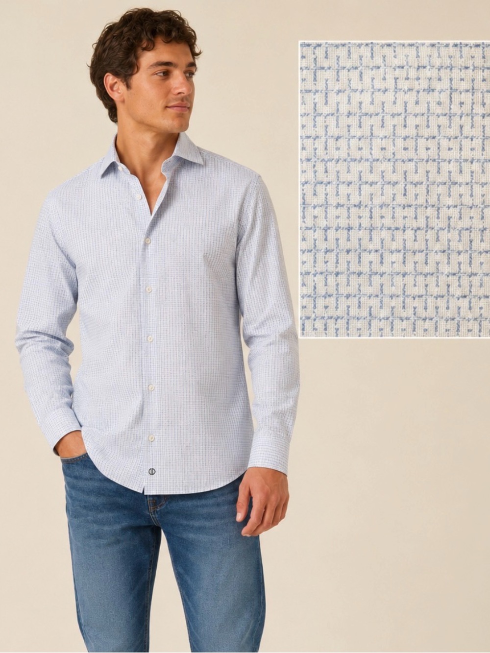 David Donahue Blue White Micro Pattern Trim Fit Cotton Shirt 17 34-35